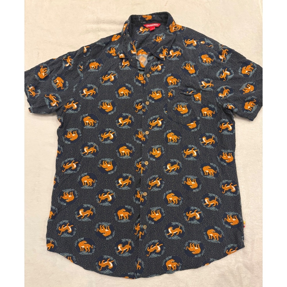 Unionbay Mens Large Rayon Short Sleeve Button Down Shirt Navy Leopard Print L